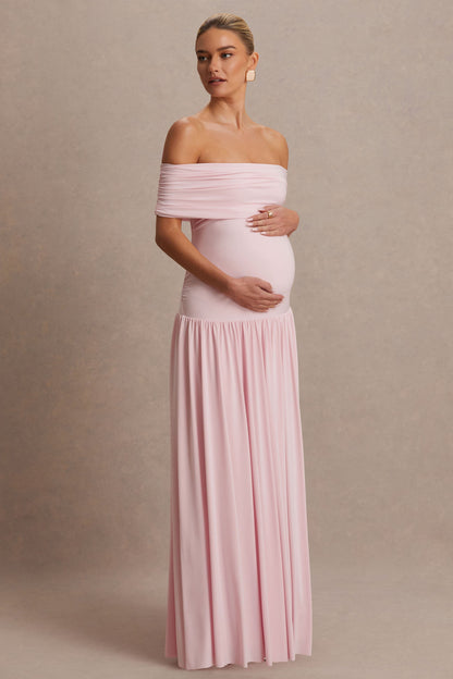 Juliette | Vestido largo rosado con escote Bardot y cintura caída
