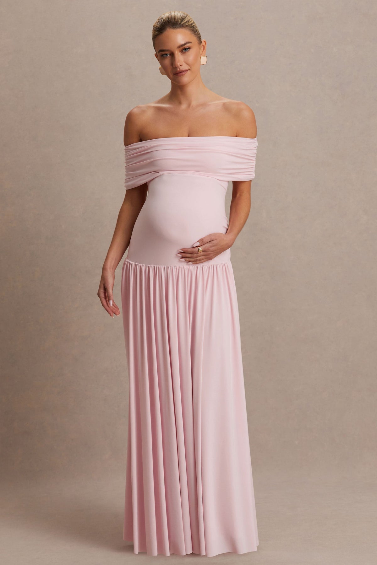 Juliette | Vestido largo rosado con escote Bardot y cintura caída