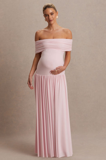 Juliette | Vestido largo rosado con escote Bardot y cintura caída