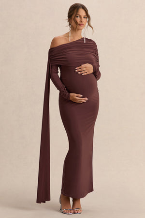Cyra | Vestido largo marrón con escote bardot y fajín