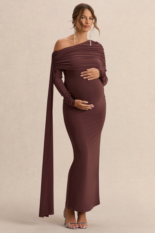 Cyra | Vestido largo marrón con escote bardot y fajín