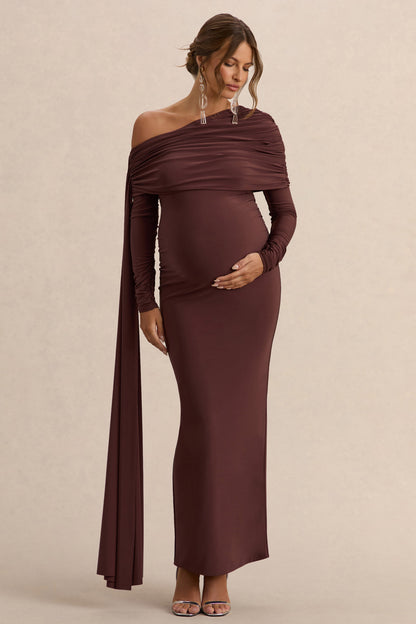 Cyra | Vestido largo marrón con escote bardot y fajín
