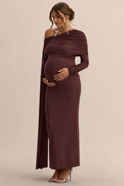 Cyra | Vestido largo marrón con escote bardot y fajín