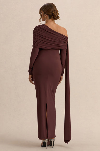 Cyra | Vestido largo marrón con escote bardot y fajín