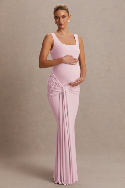 Baylin | Vestido Largo Premamá Rosa Pastel Con Escote Cuadrado, Detalle Fruncido Y Faja