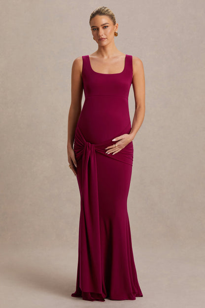 Baylin | Vestido Largo Burdeos con Escote Cuadrado, Fruncido y Fajín