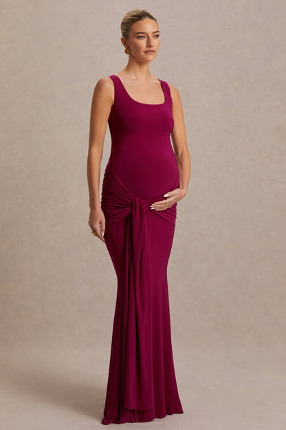 Baylin | Vestido Largo Burdeos con Escote Cuadrado, Fruncido y Fajín