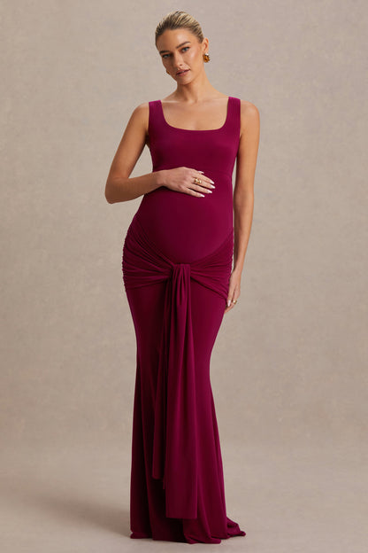 Baylin | Vestido Largo Burdeos con Escote Cuadrado, Fruncido y Fajín