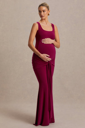 Baylin | Vestido Largo Burdeos con Escote Cuadrado, Fruncido y Fajín