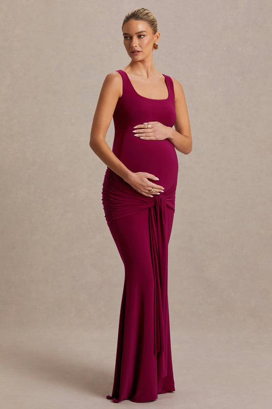 Baylin | Vestido Largo Burdeos con Escote Cuadrado, Fruncido y Fajín
