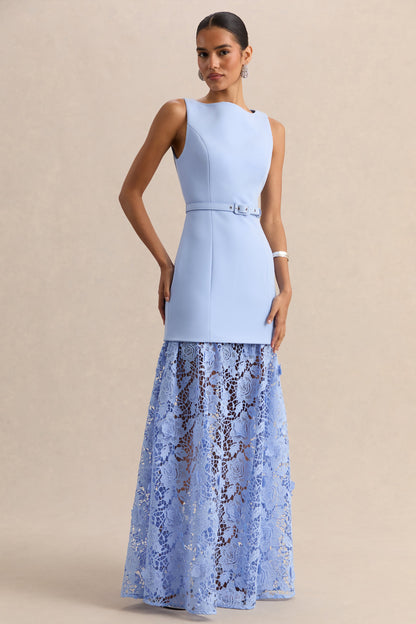 Verena | Vestido Largo Azul Celeste Escote Barco Con Cinturón con Falda de Encaje
