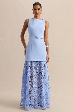 Verena | Vestido Largo Azul Celeste Escote Barco Con Cinturón con Falda de Encaje