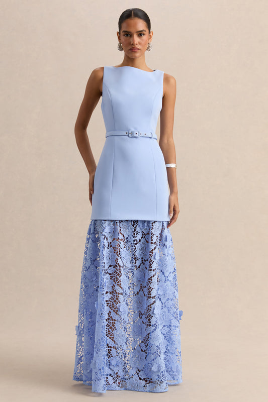 Verena | Vestido Largo Azul Celeste Escote Barco Con Cinturón con Falda de Encaje