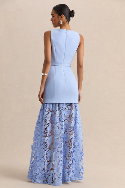 Verena | Vestido Largo Azul Celeste Escote Barco Con Cinturón con Falda de Encaje