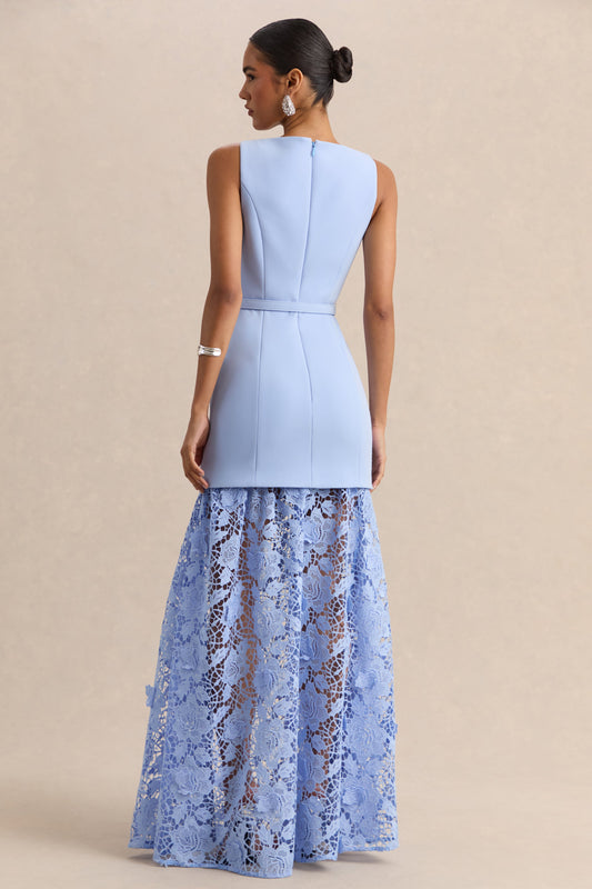 Verena | Vestido Largo Azul Celeste Escote Barco Con Cinturón con Falda de Encaje