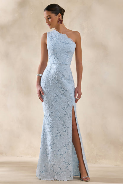 Lunia | Vestido Largo Azul celeste de Broderie Anglaise con Escote Asimétrico