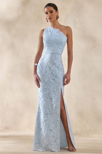 Lunia | Vestido Largo Azul celeste de Broderie Anglaise con Escote Asimétrico
