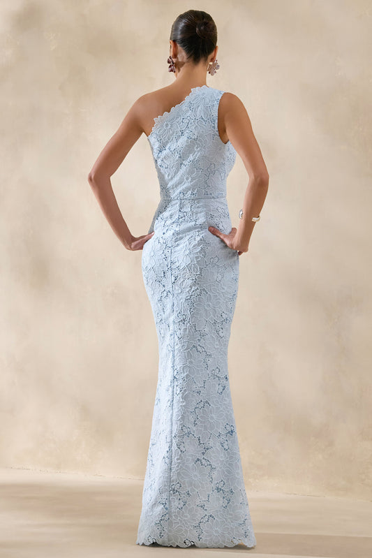 Lunia | Vestido Largo Azul celeste de Broderie Anglaise con Escote Asimétrico