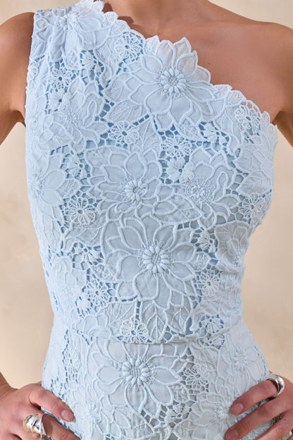 Lunia | Vestido Largo Azul celeste de Broderie Anglaise con Escote Asimétrico