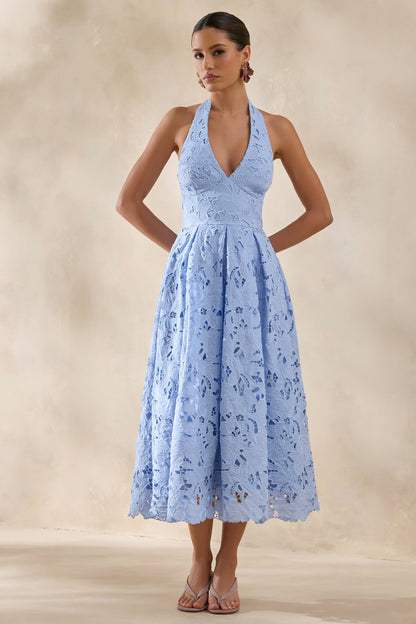 Maribel | Vestido Midi Azul celeste de Encaje con Escote Pronunciado