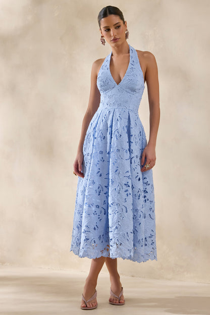 Maribel | Vestido Midi Azul celeste de Encaje con Escote Pronunciado