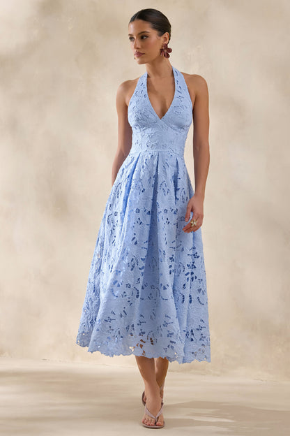 Maribel | Vestido Midi Azul celeste de Encaje con Escote Pronunciado