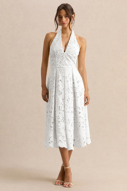 Maribel | Vestido Midi Blanco De Encaje Con Escote Pronunciado