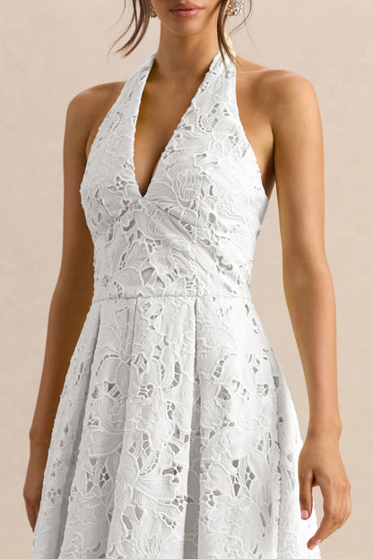 Maribel | Vestido Midi Blanco De Encaje Con Escote Pronunciado