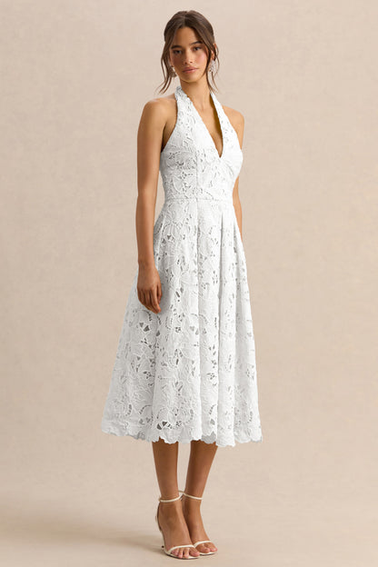 Maribel | Vestido Midi Blanco De Encaje Con Escote Pronunciado