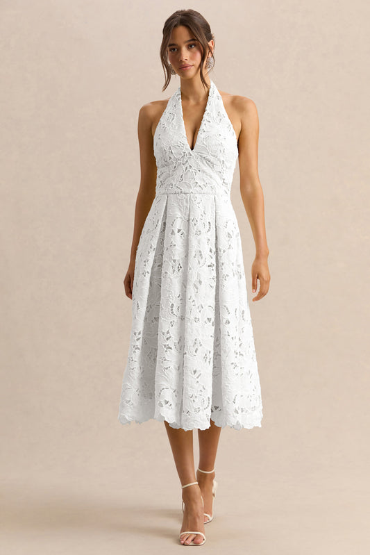Maribel | Vestido Midi Blanco De Encaje Con Escote Pronunciado