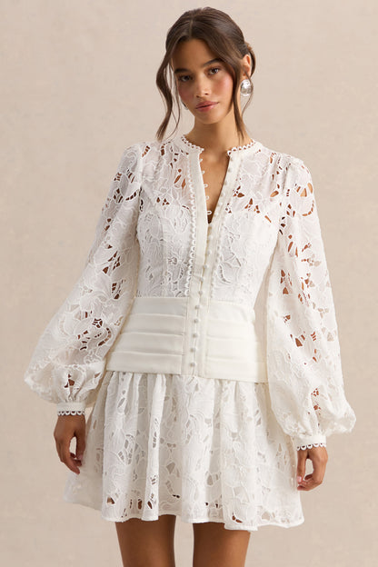 Helena | Vestido Corto Blanco De Cuello Redondo Con Manga Abullonada Y Falda Plisada