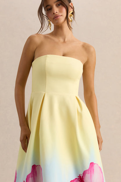 Zoya | Vestido Midi Amarillo Con Estampado Ombré Y Lirios De Crepé Premium Con Escote Bandeau [not translated]