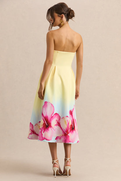 Zoya | Vestido Midi Amarillo Con Estampado Ombré Y Lirios De Crepé Premium Con Escote Bandeau [not translated]