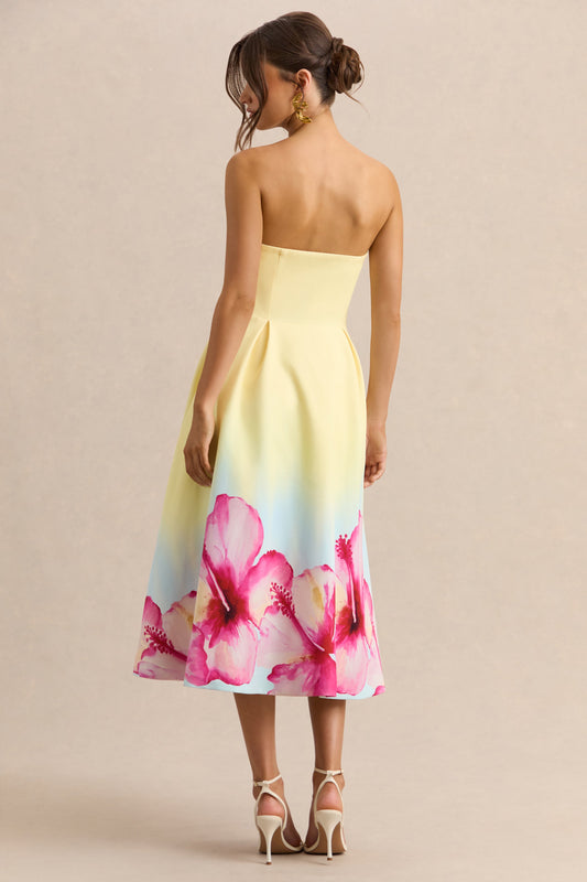 Zoya | Vestido Midi Amarillo Con Estampado Ombré Y Lirios De Crepé Premium Con Escote Bandeau [not translated]