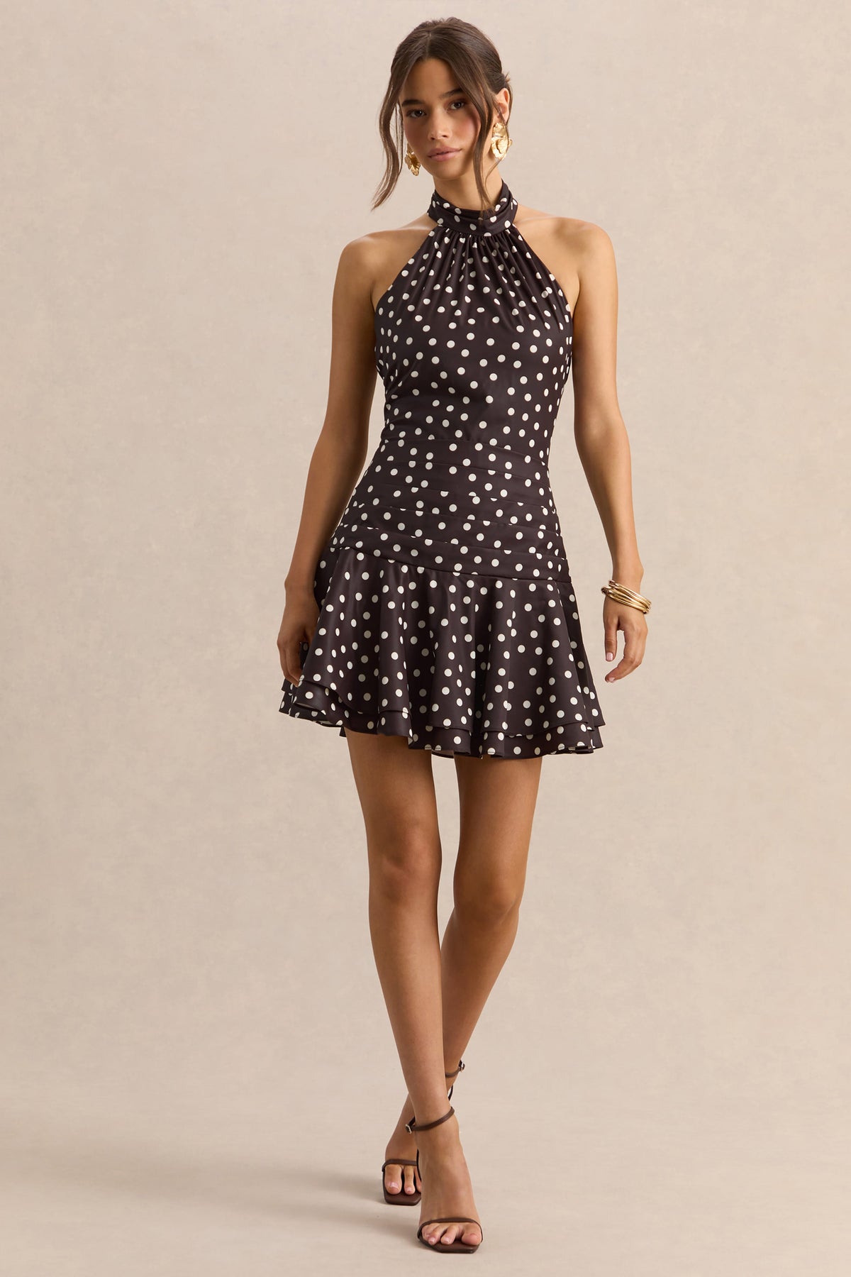 Florence | Vestido Corto De Satén Marrón Y Blanco Con Cuello Halter