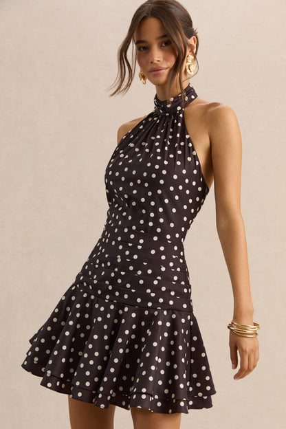 Florence | Vestido Corto De Satén Marrón Y Blanco Con Cuello Halter