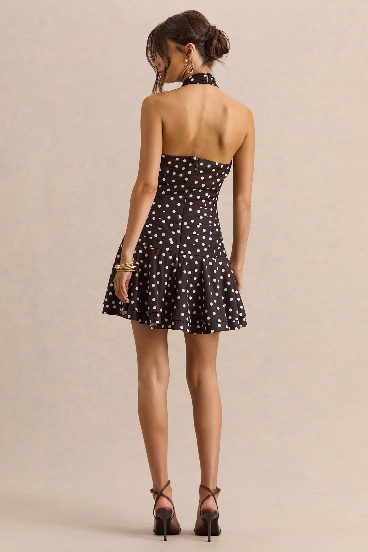 Florence | Vestido Corto De Satén Marrón Y Blanco Con Cuello Halter