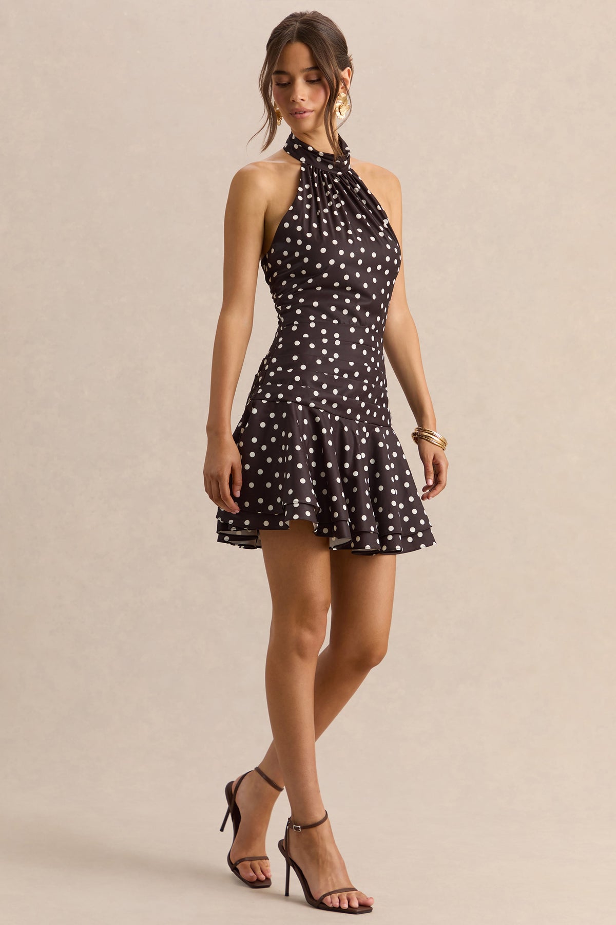 Florence | Vestido Corto De Satén Marrón Y Blanco Con Cuello Halter
