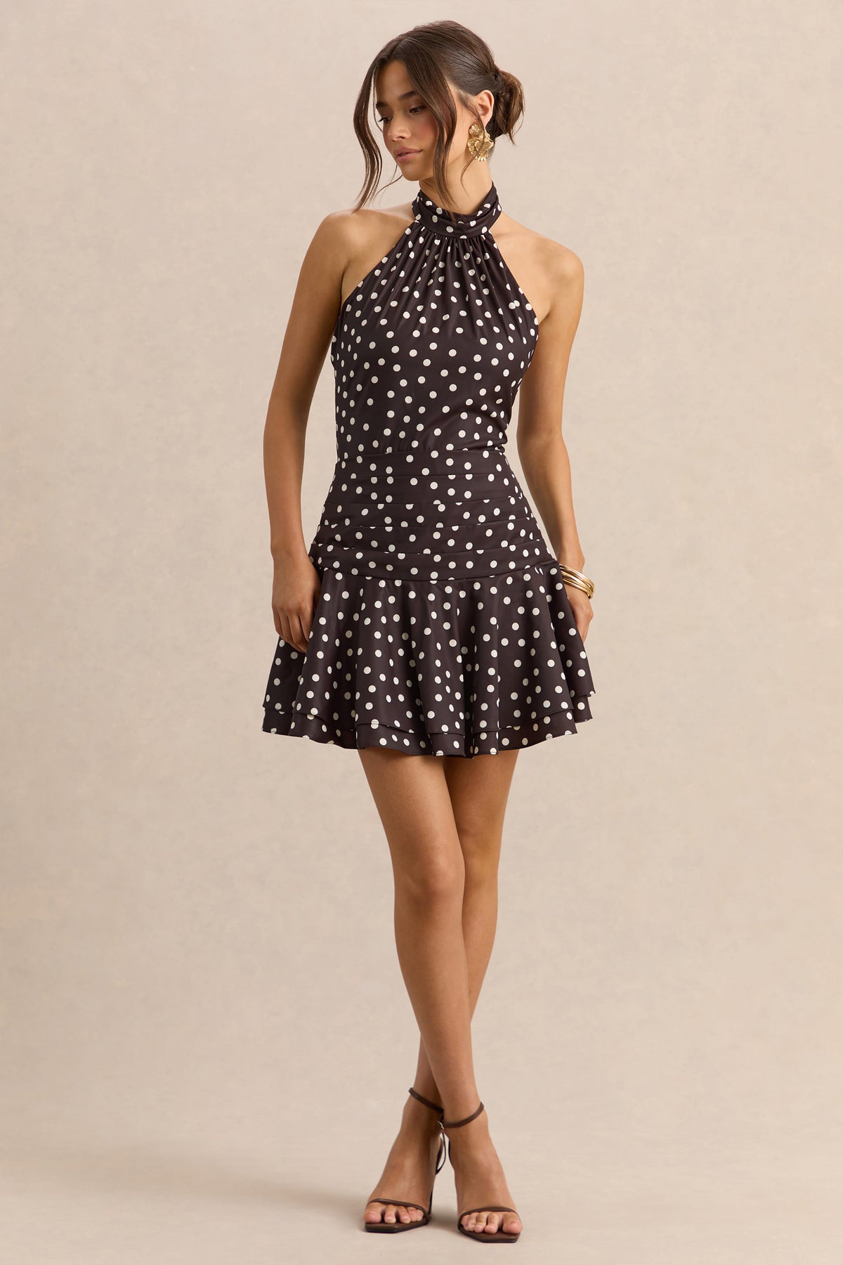 Florence | Vestido Corto De Satén Marrón Y Blanco Con Cuello Halter