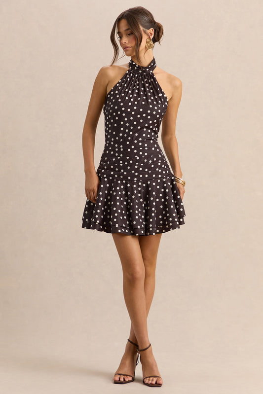 Florence | Vestido Corto De Satén Marrón Y Blanco Con Cuello Halter
