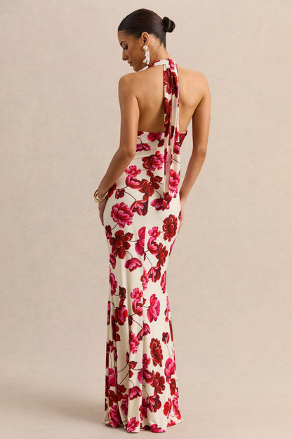 Flossie | Vestido Largo Crema Con Estampado Floral Rosa Y Escote Pronunciado