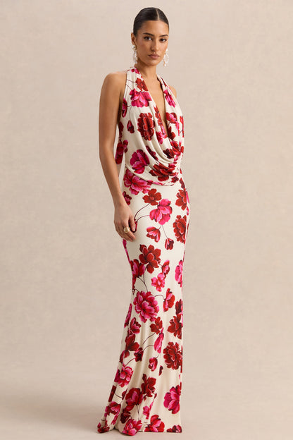 Flossie | Vestido Largo Crema Con Estampado Floral Rosa Y Escote Pronunciado