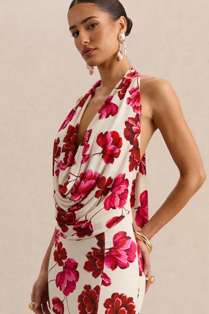 Flossie | Vestido Largo Crema Con Estampado Floral Rosa Y Escote Pronunciado