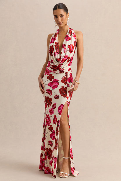 Flossie | Vestido Largo Crema Con Estampado Floral Rosa Y Escote Pronunciado