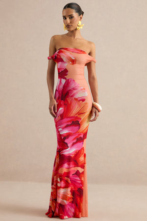 Katia | Vestido Largo Rosa Intenso De Estampado Floral Con Escote Bardot Trenzado