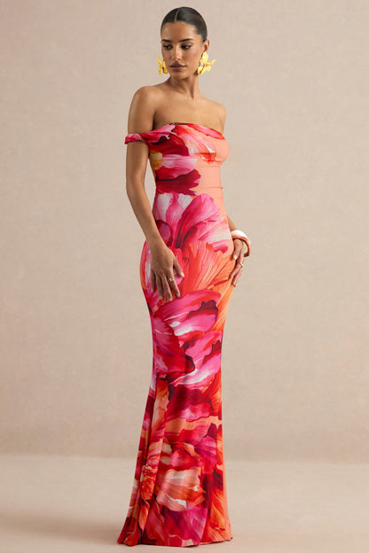 Katia | Vestido Largo Rosa Intenso De Estampado Floral Con Escote Bardot Trenzado