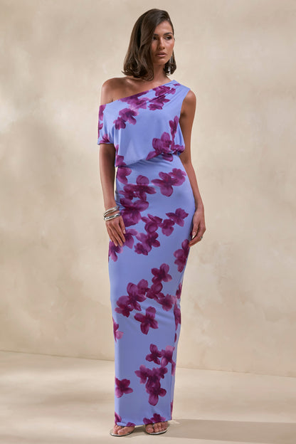 Louisa | Vestido Largo Con Estampado Floral Difuminado Y Escote Asimétrico