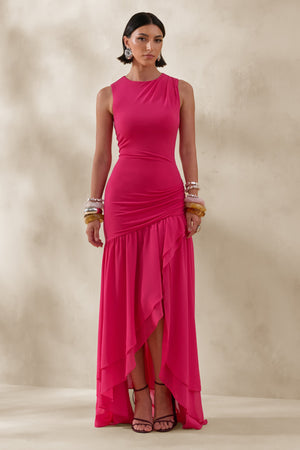 Noelia | Vestido Largo Fucsia De Jersey Con Cuello Racer Y Bajo Asimétrico