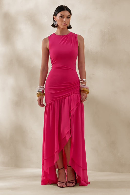 Noelia | Vestido Largo Fucsia De Jersey Con Cuello Racer Y Bajo Asimétrico