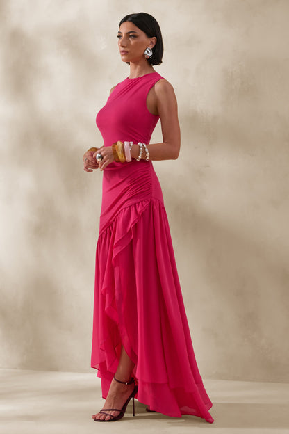 Noelia | Vestido Largo Fucsia De Jersey Con Cuello Racer Y Bajo Asimétrico